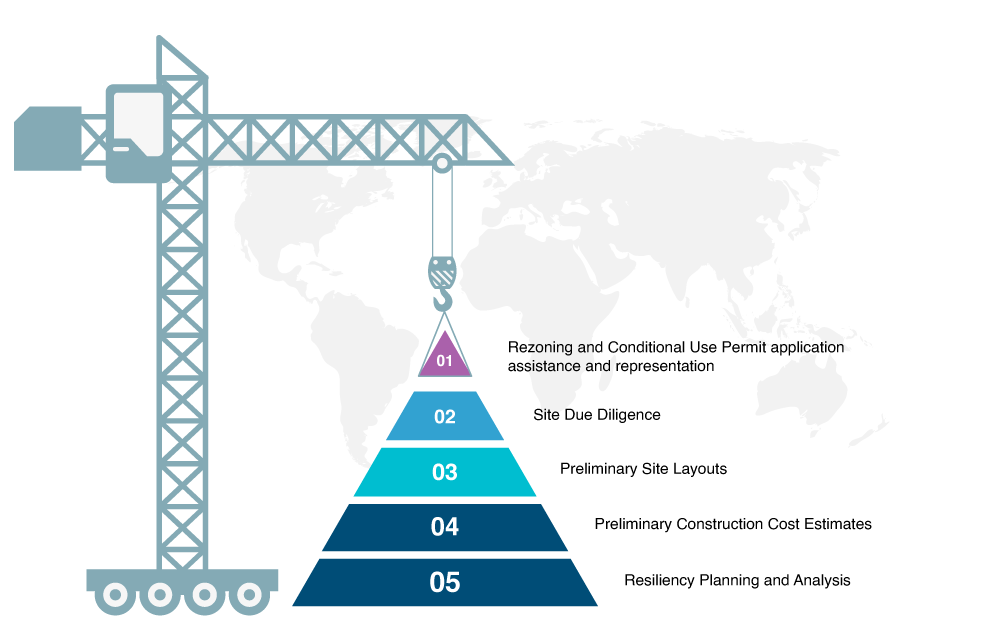 A crane is lifting a pyramid of blue and purple.