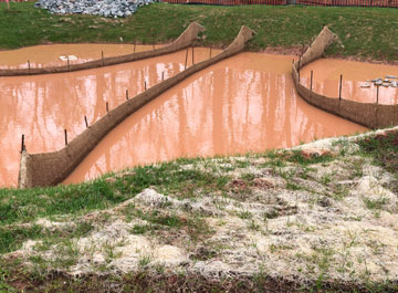 A muddy area with grass and water