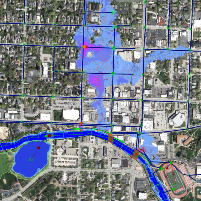 A map of the city with water coming from it.