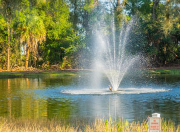A fountain in the middle of a pond.