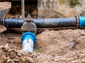 A blue and white fire hydrant in the dirt.